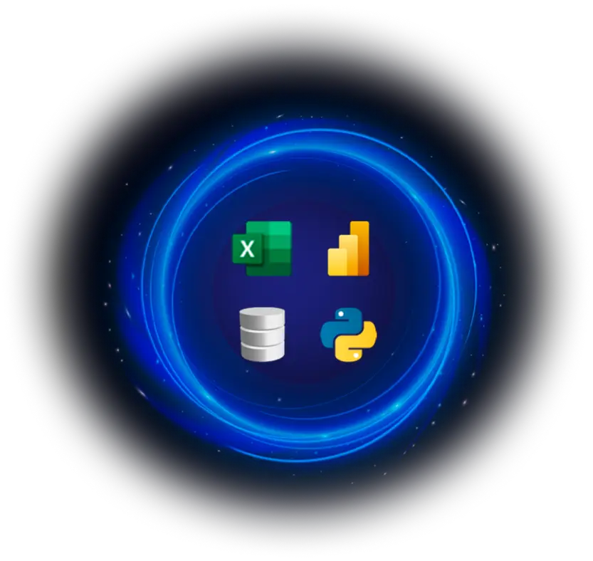 Círculo azul brilhante com os ícones das principais tecnologias de Análise de Dados: Excel, Power BI, bancos de dados e Python